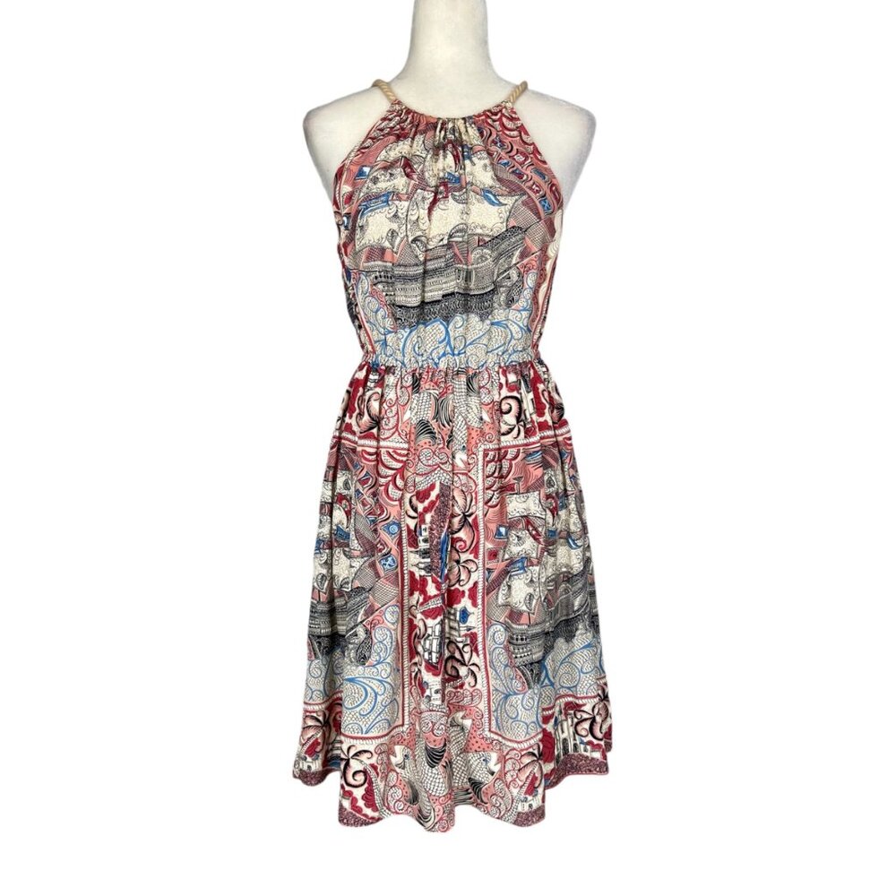 Anthropologie Floreat Womens Castle Lake Silk Dress Halter Rope Tie size Small